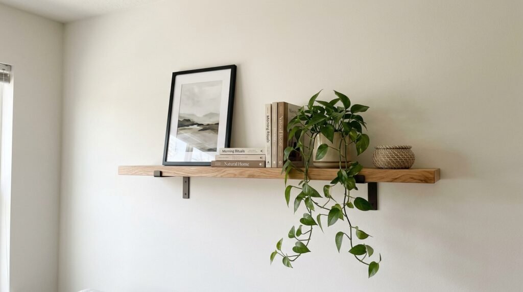 styled floating shelf with plants, books, and small objects in a small apartment