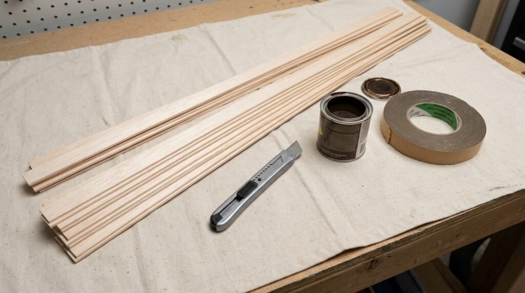 close up of DIY wooden headboard with simple clean lines in a small bedroom