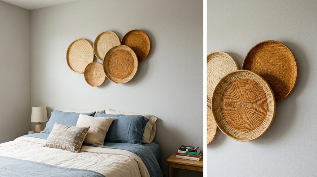 small bedroom with handmade macrame headboard and neutral bedding