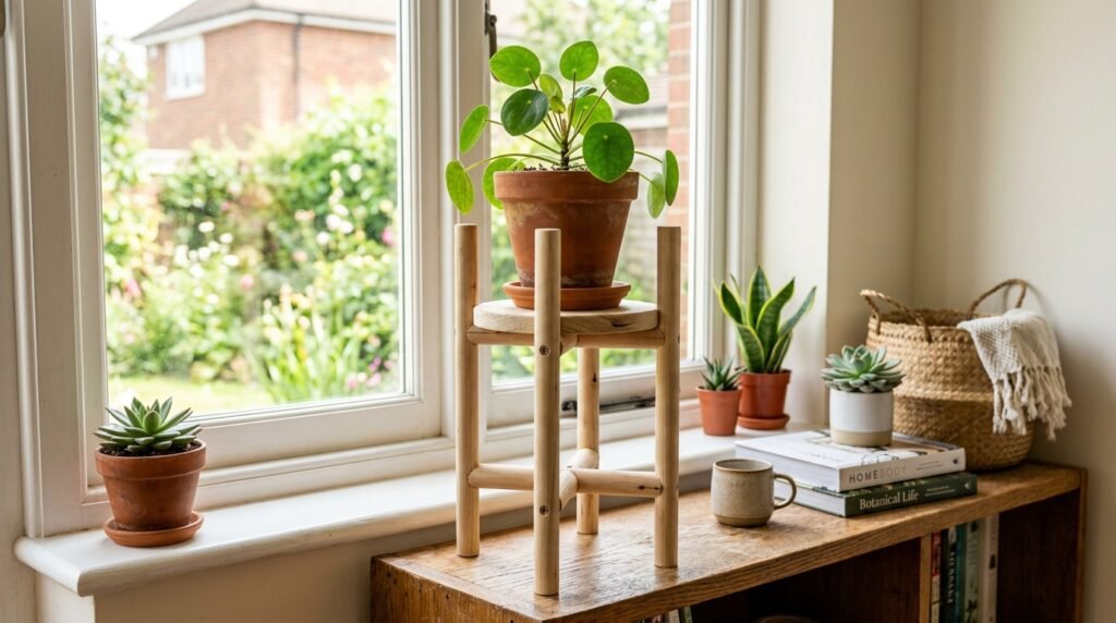 DIY wooden plant stand made from dowels holding a small potted plant