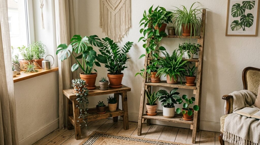 small apartment corner with two DIY plant stands at different heights with greenery