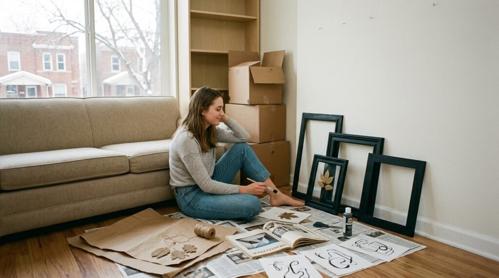 DIY wall art made from dollar store frames and printed free artwork in a small apartment