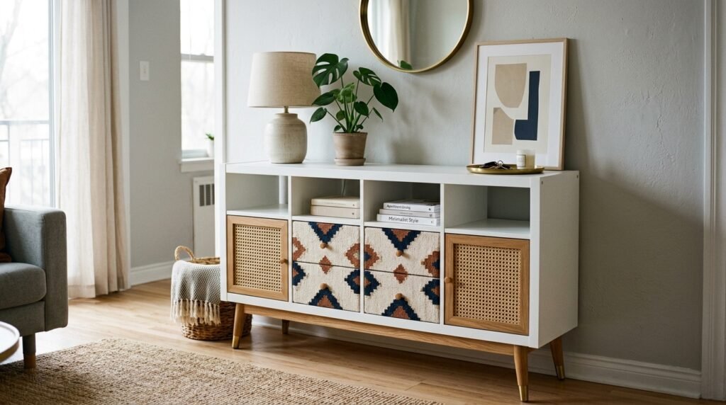 IKEA KALLAX unit hacked with legs and fabric inserts as a stylish small apartment sideboard