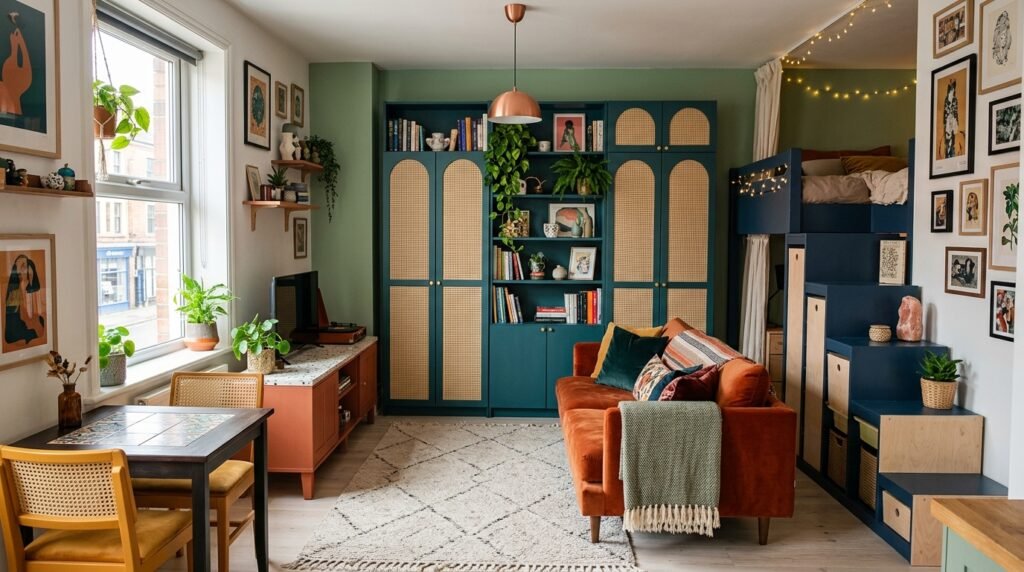 small apartment with multiple IKEA furniture pieces hacked and customized for a unique look