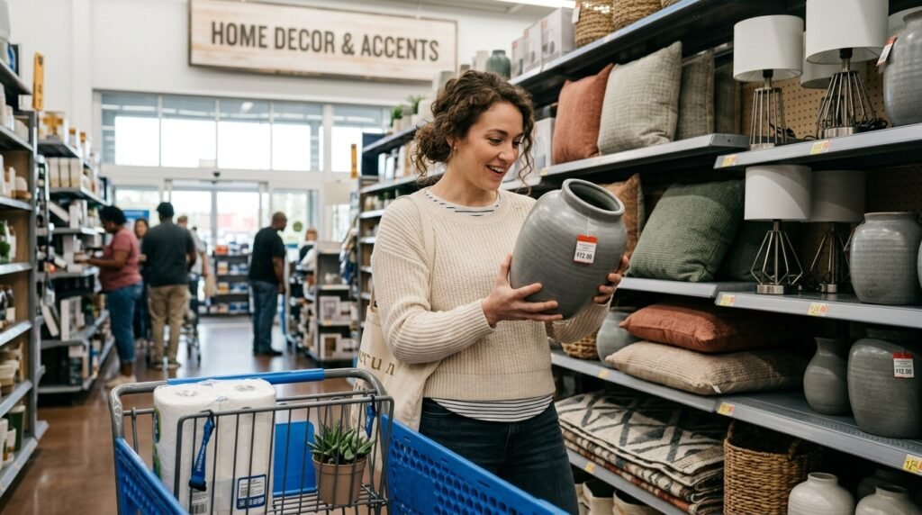 Walmart home decor items styled on a shelf including a vase, candle and frame