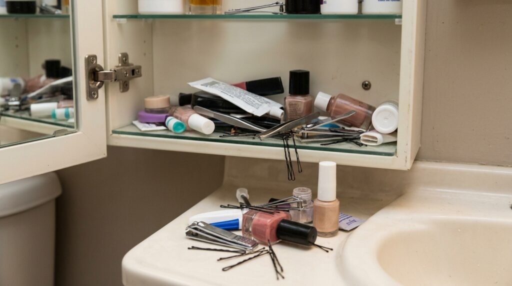 close up of tiered shower caddy and wall hook organizer in a compact bathroom