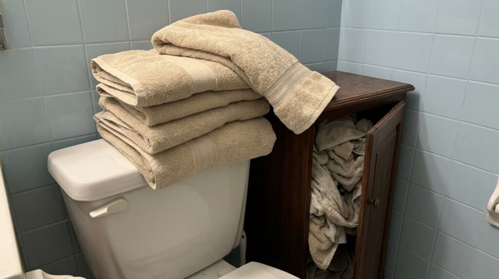 tiny bathroom organized with under sink cabinet and adhesive wall storage