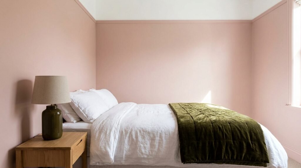 small bedroom decorated in sage green and cream color combination