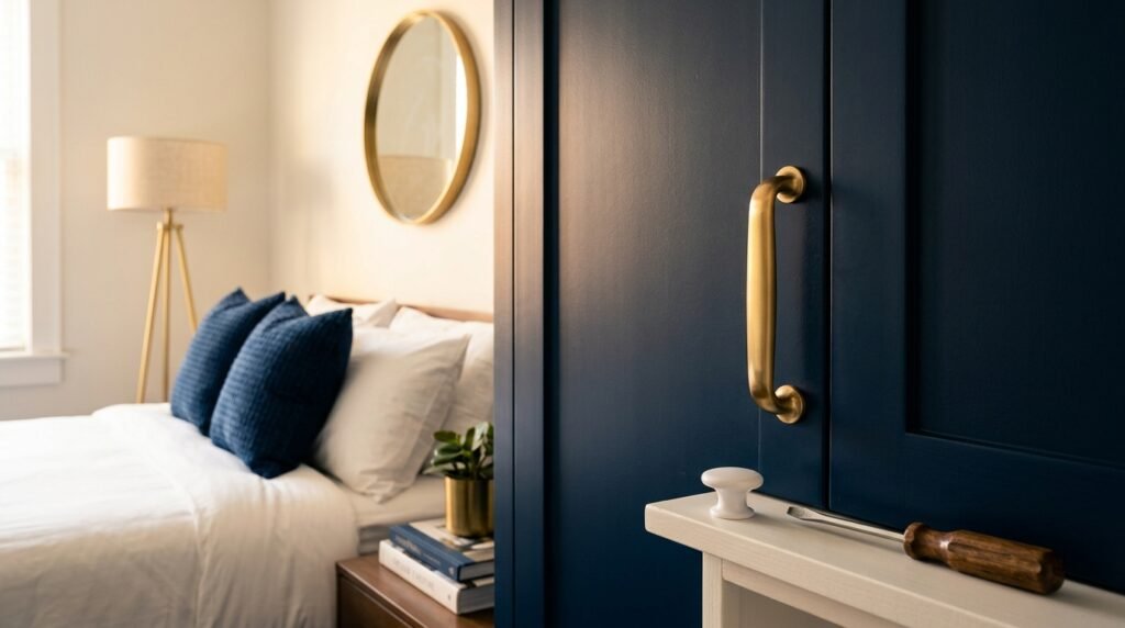 small bedroom with navy blue accent wall and white bedding color combination