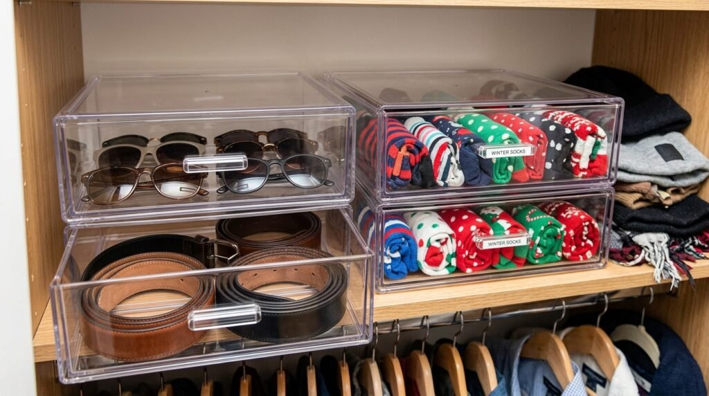 close up of stackable shelf organizer inside a small apartment closet