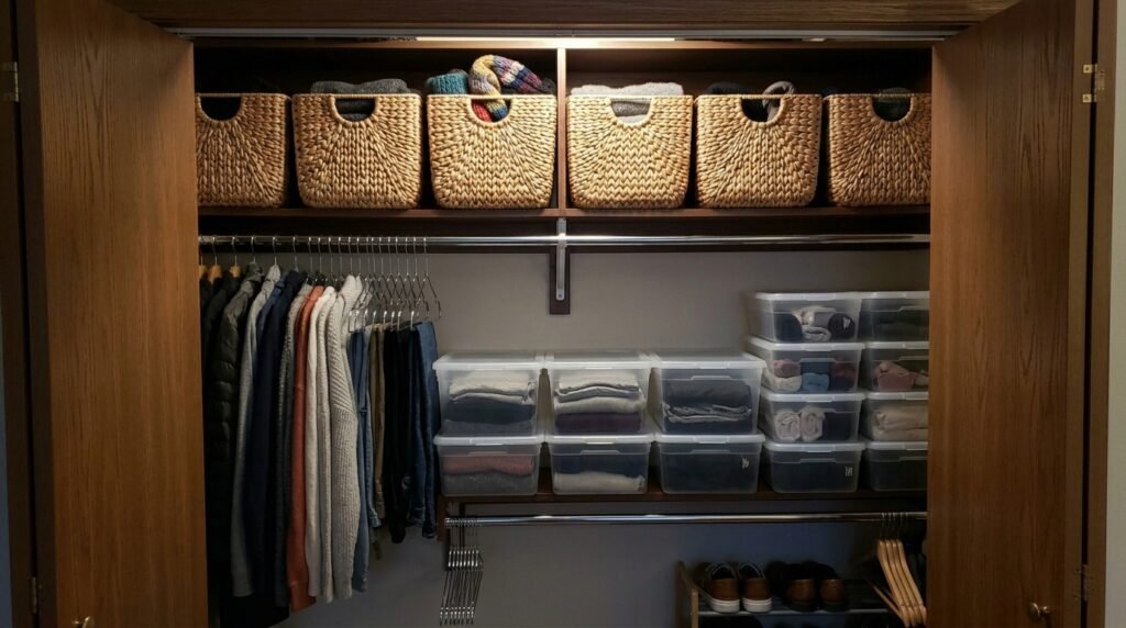 before and after of a small closet reorganized with affordable Amazon organizers