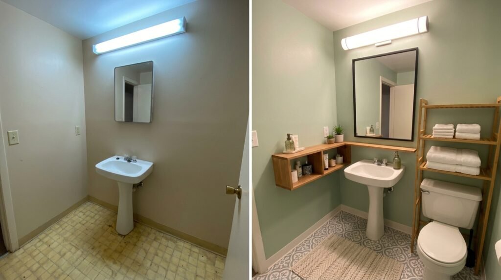 small bathroom upgraded on a budget with new towels, a plant, and a mirror