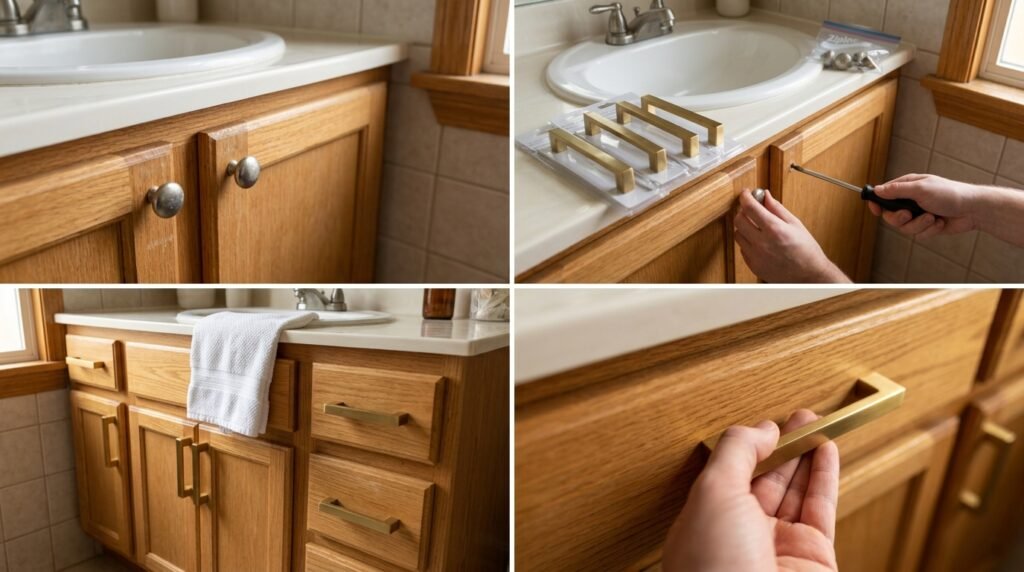 close up of affordable bathroom accessories including soap dispenser and bamboo tray