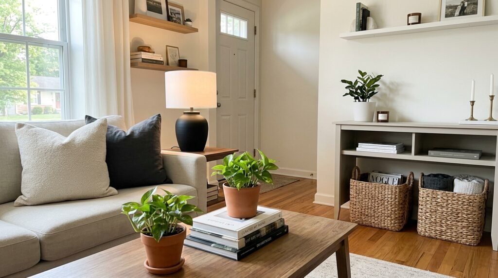 close up of affordable living room decor items including a throw blanket and pillow