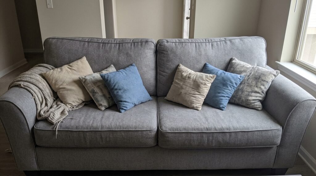close up of textured throw pillows in beige, terracotta and white on a couch