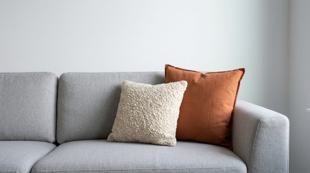 
living room couch styled with affordable throw pillows in a cohesive color palette
