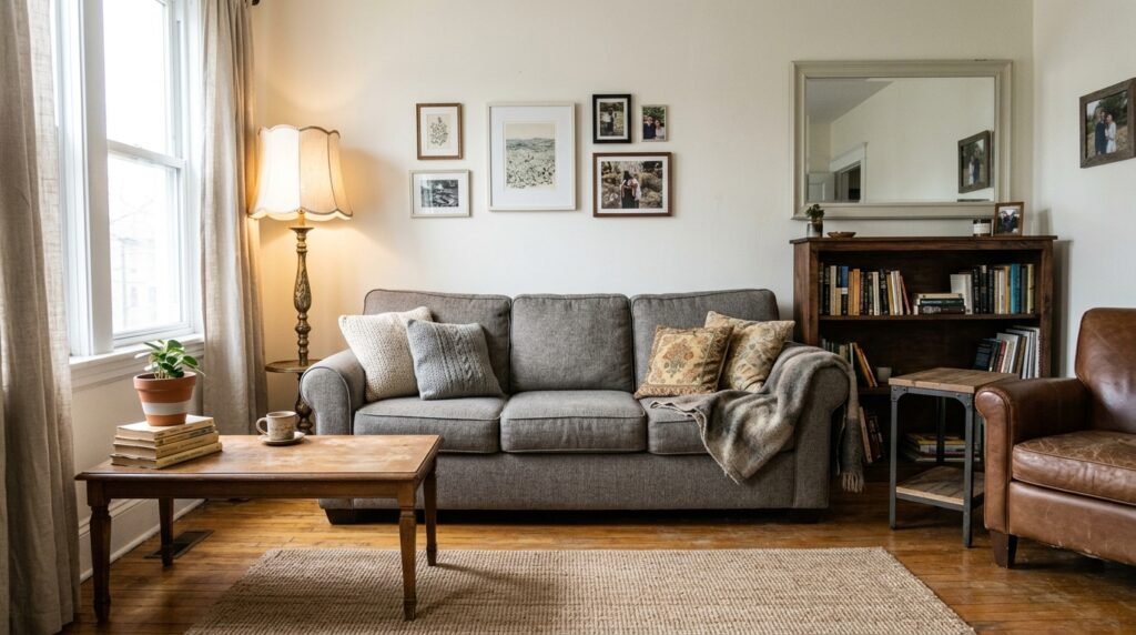 minimalist living room decorated on a budget with neutral tones and simple furniture