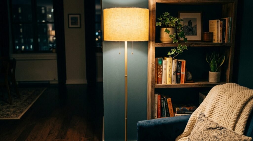 close up of strategically placed floor lamp brightening a dark corner in an apartment