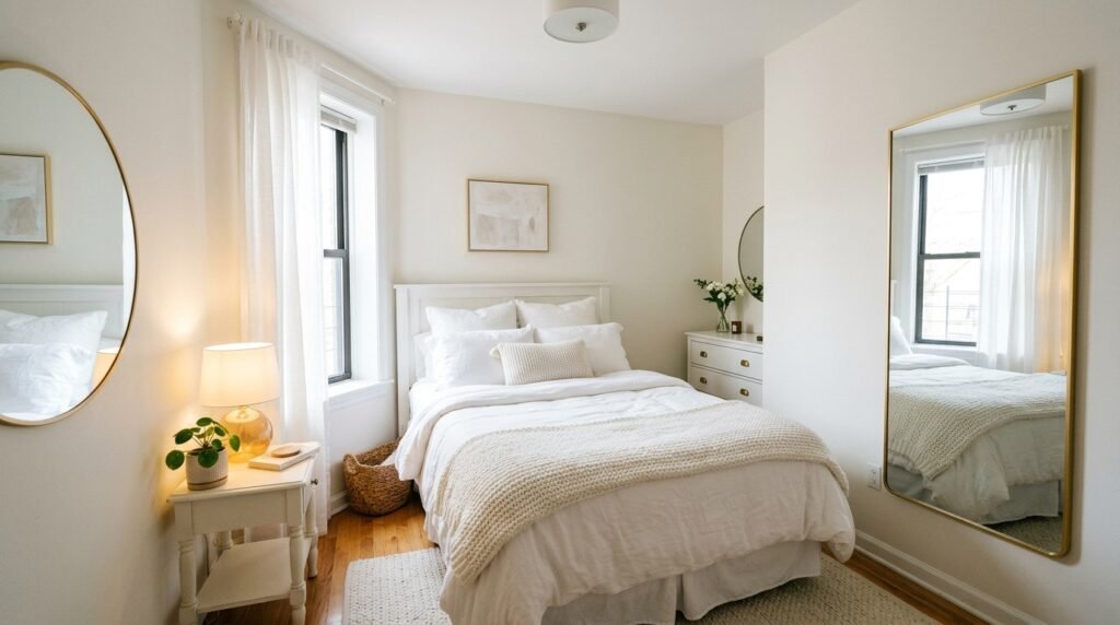 small dark apartment bedroom made to feel lighter with white bedding and reflective surfaces