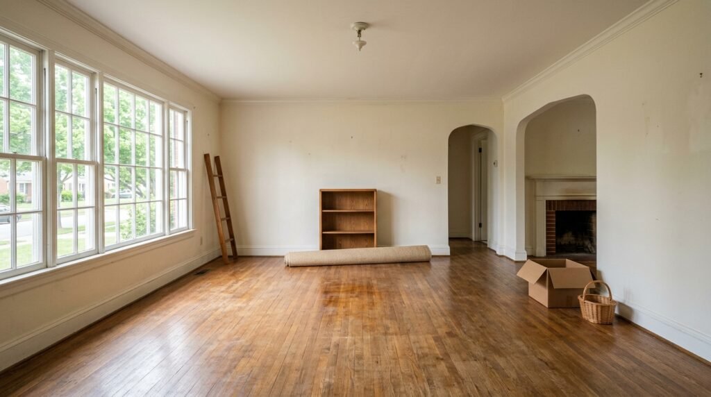 empty living room before decorating showing bare walls and minimal furniture