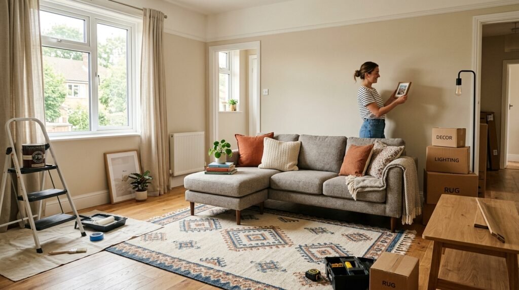 small living room in progress of being decorated from scratch with a rug and couch