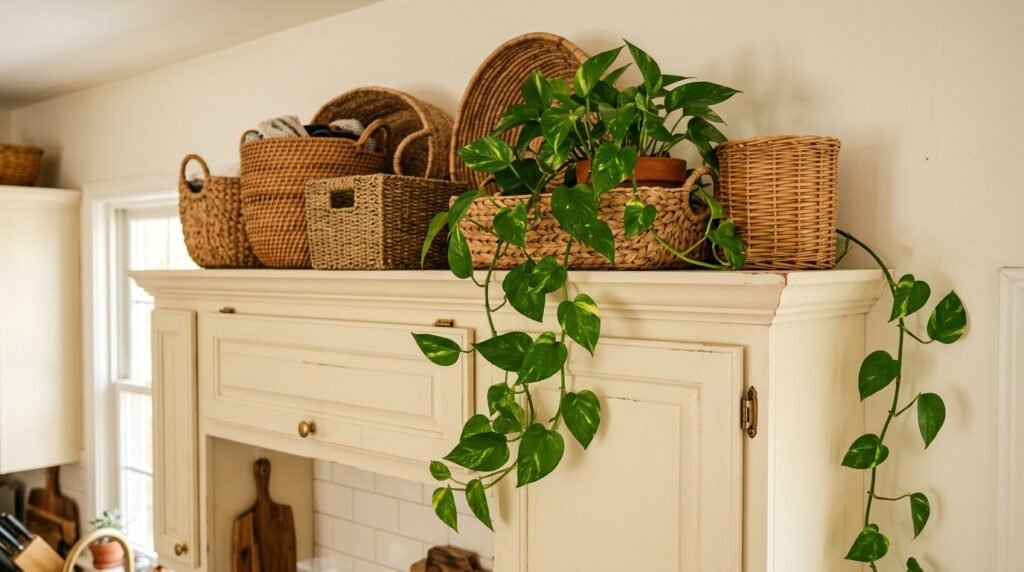 close up of woven baskets and a trailing plant arranged above kitchen cabinets