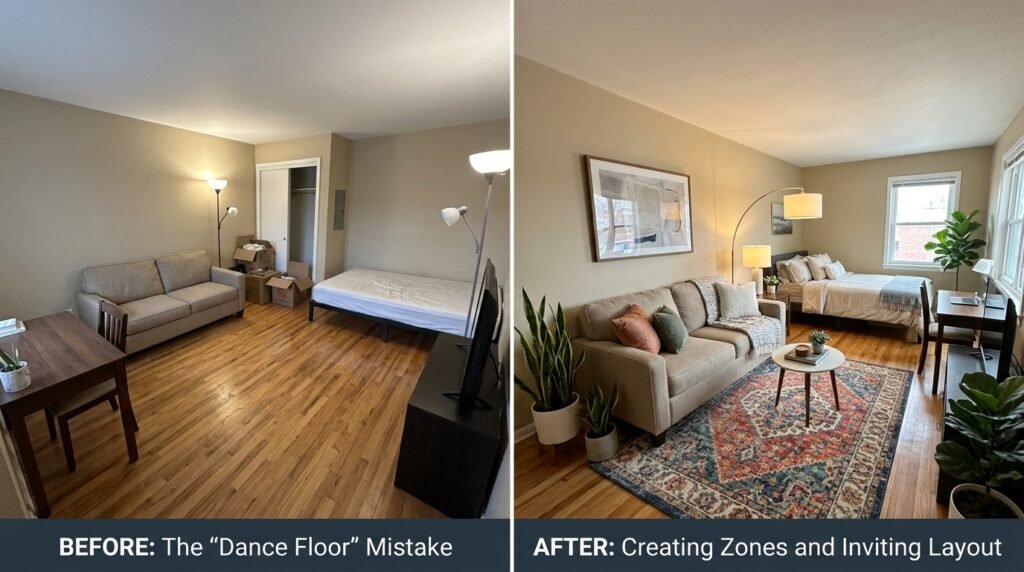 rental apartment living room showing common decorating mistakes like small rug and low curtains