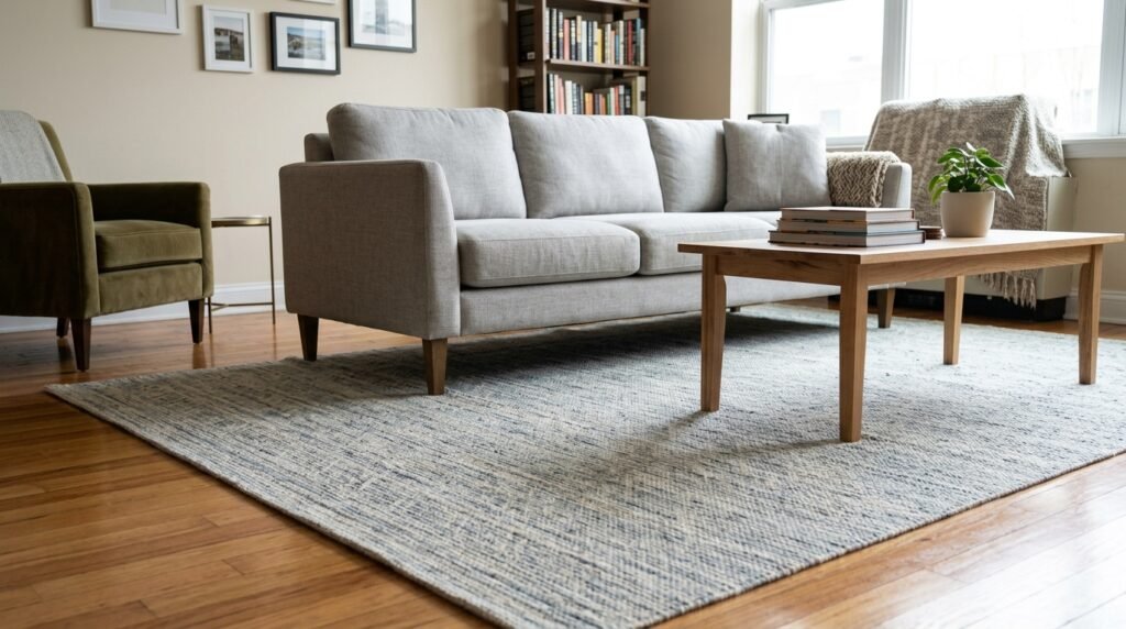 small apartment with rug too small for the furniture arrangement
