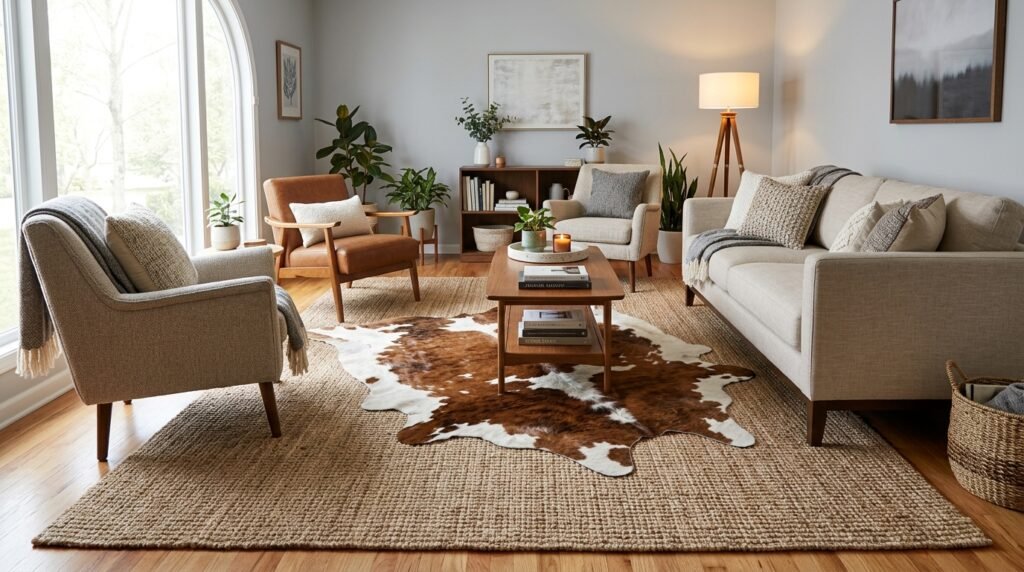 beginner apartment decor setup with a rug, throw pillows, and a simple shelf