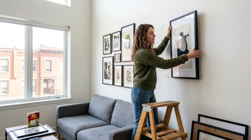 
gallery wall with mixed frames and art prints mounted using removable command hooks