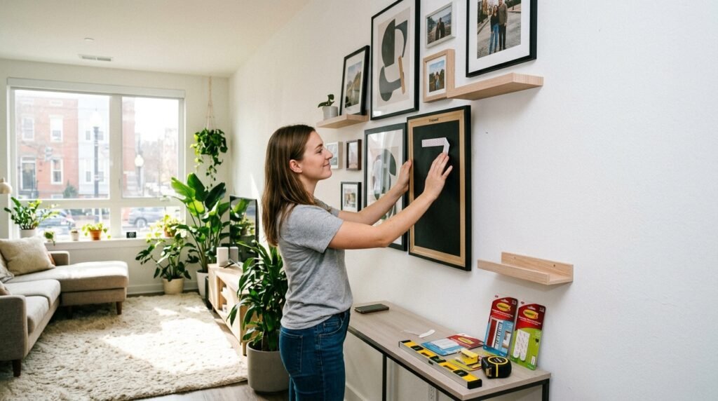 wall art hanging using command strips without nails or drilling in a rental apartment