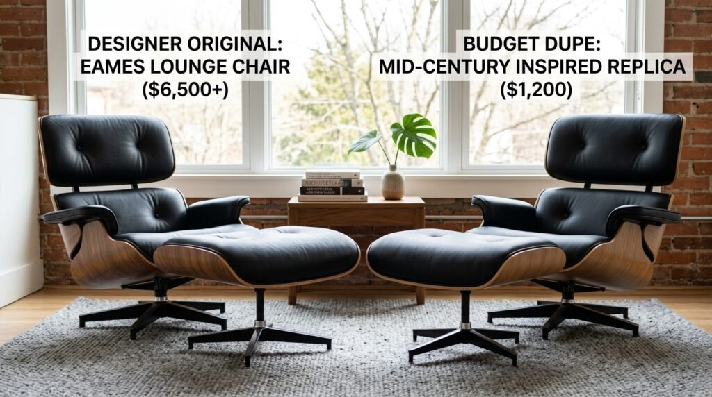 budget furniture dupe next to the designer original showing similar aesthetic