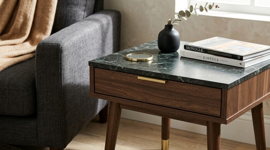 close up of affordable side table that mimics a high end designer piece