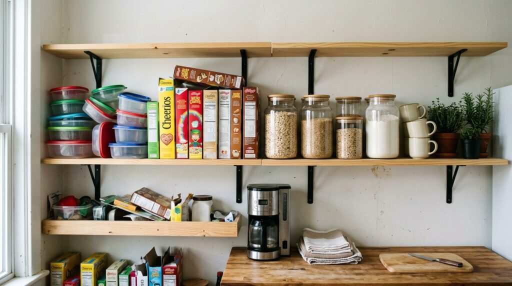open kitchen shelves styled with grouped dishes, plants, and minimal decorative items