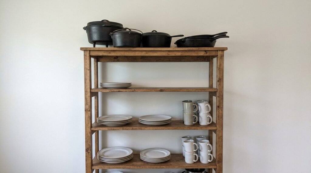close up of neatly arranged open shelf with white plates, a plant, and a cookbook