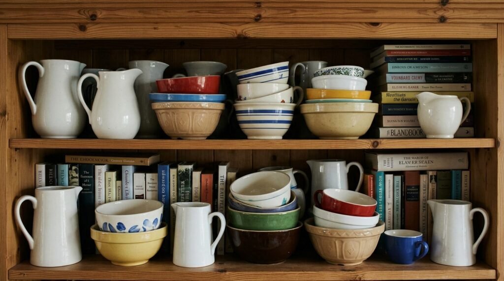 small kitchen with open shelving styled in a clean and organized way