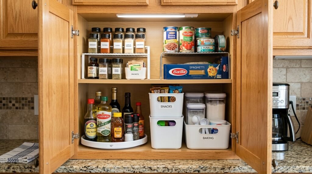 small kitchen cabinet organized with turntable, stackable bins, and shelf risers