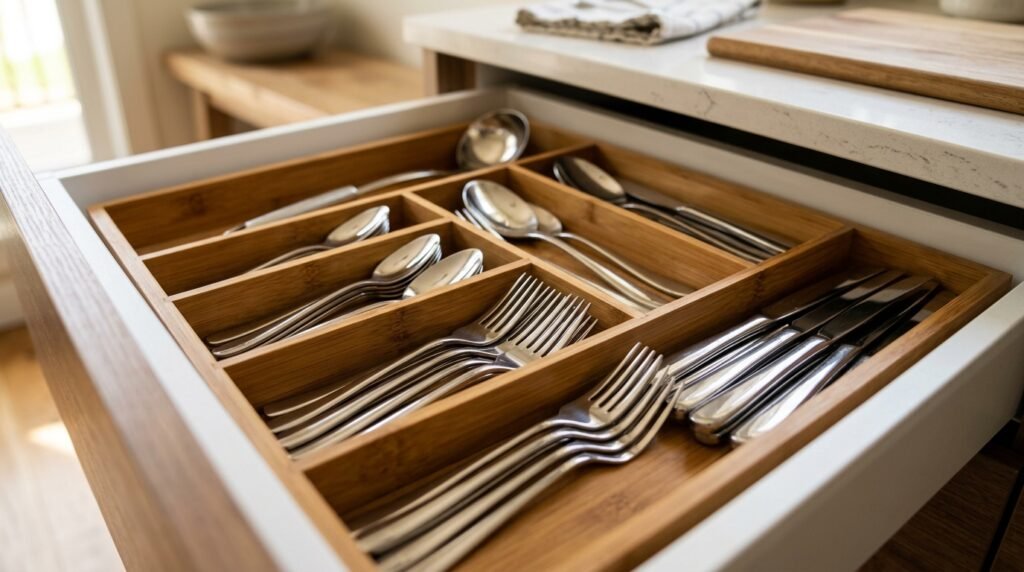 close up of kitchen drawer organizer with utensils neatly arranged