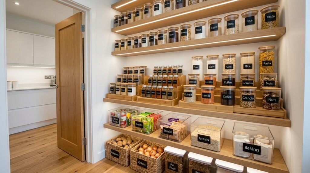 organized small kitchen pantry with labeled containers and tiered shelving