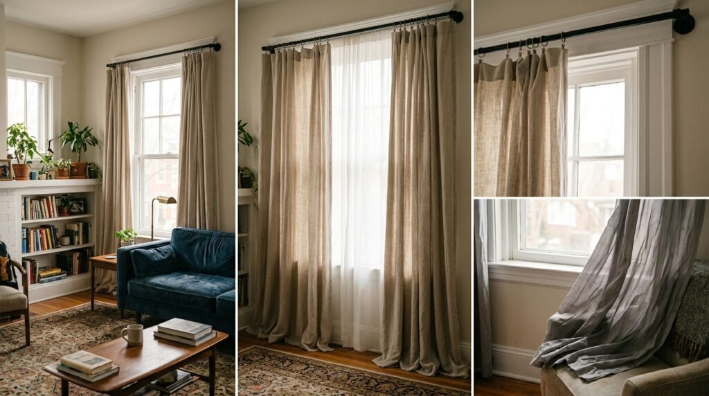 cheap curtains hanging high and wide on a window to look more expensive