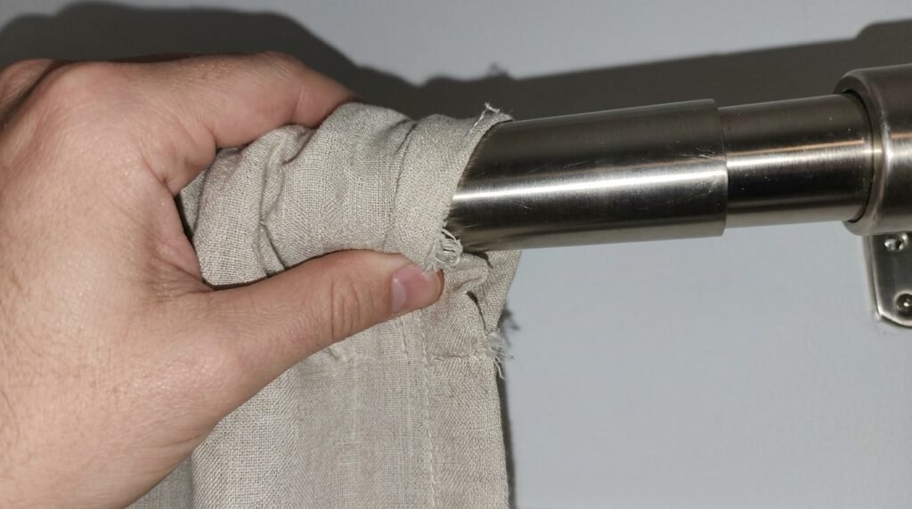 close up of curtain rod mounted near ceiling to make windows appear taller
