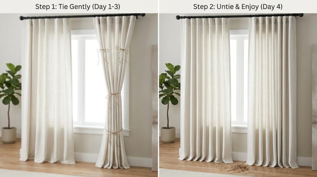 small living room with budget curtains styled to look luxurious with proper hanging