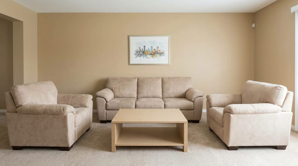 small living room mixing modern and vintage furniture styles in a cohesive way