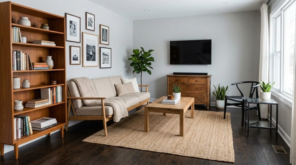 close up of a mid century chair next to a contemporary sofa showing mixed furniture styles