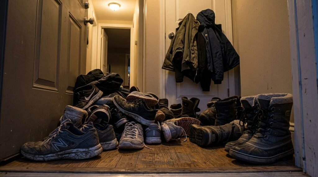 small apartment entryway before organization looking cluttered with shoes and bags