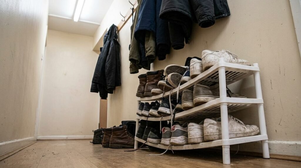 organized small entryway with wall hooks, a small bench, and a shoe rack