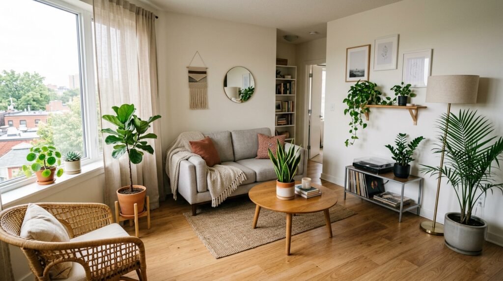 small apartment living room with a few strategically placed plants that do not crowd the space