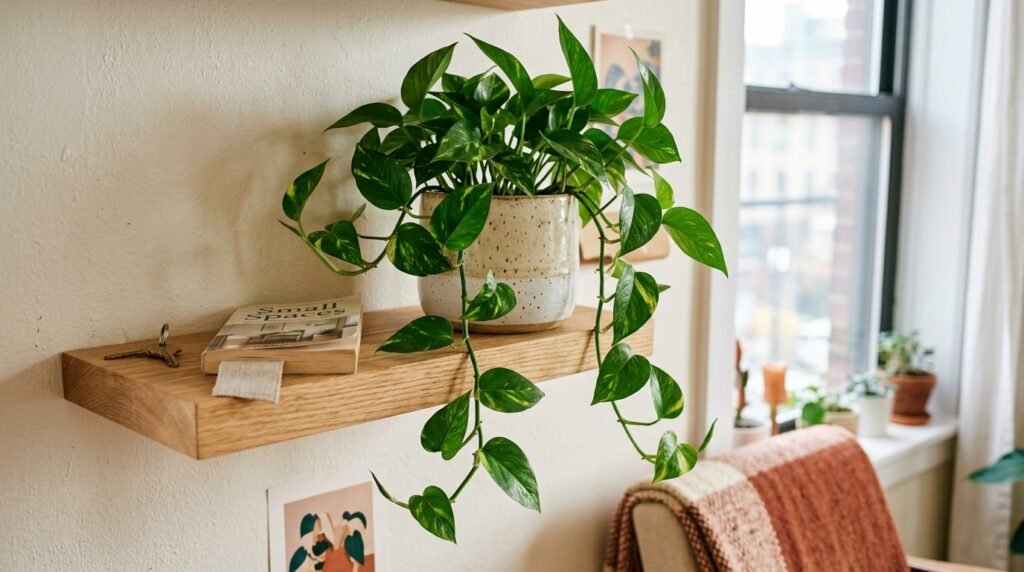 close up of single pothos plant on a floating shelf in a small apartment