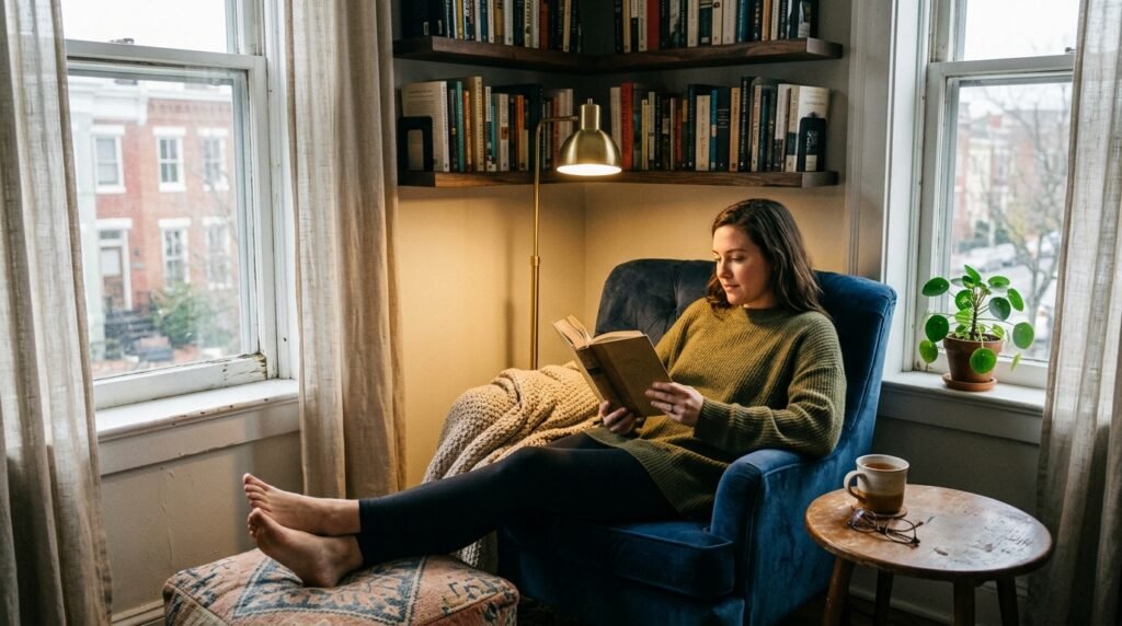 cozy reading nook in a small apartment corner with a chair, lamp, and bookshelf
