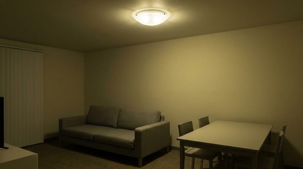 rental apartment living room decorated with removable hooks and temporary solutions